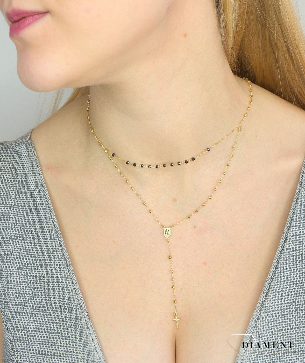 Złoty naszyjnik damski 585 różaniec i czarne koraliki NA 1135 585.jpg